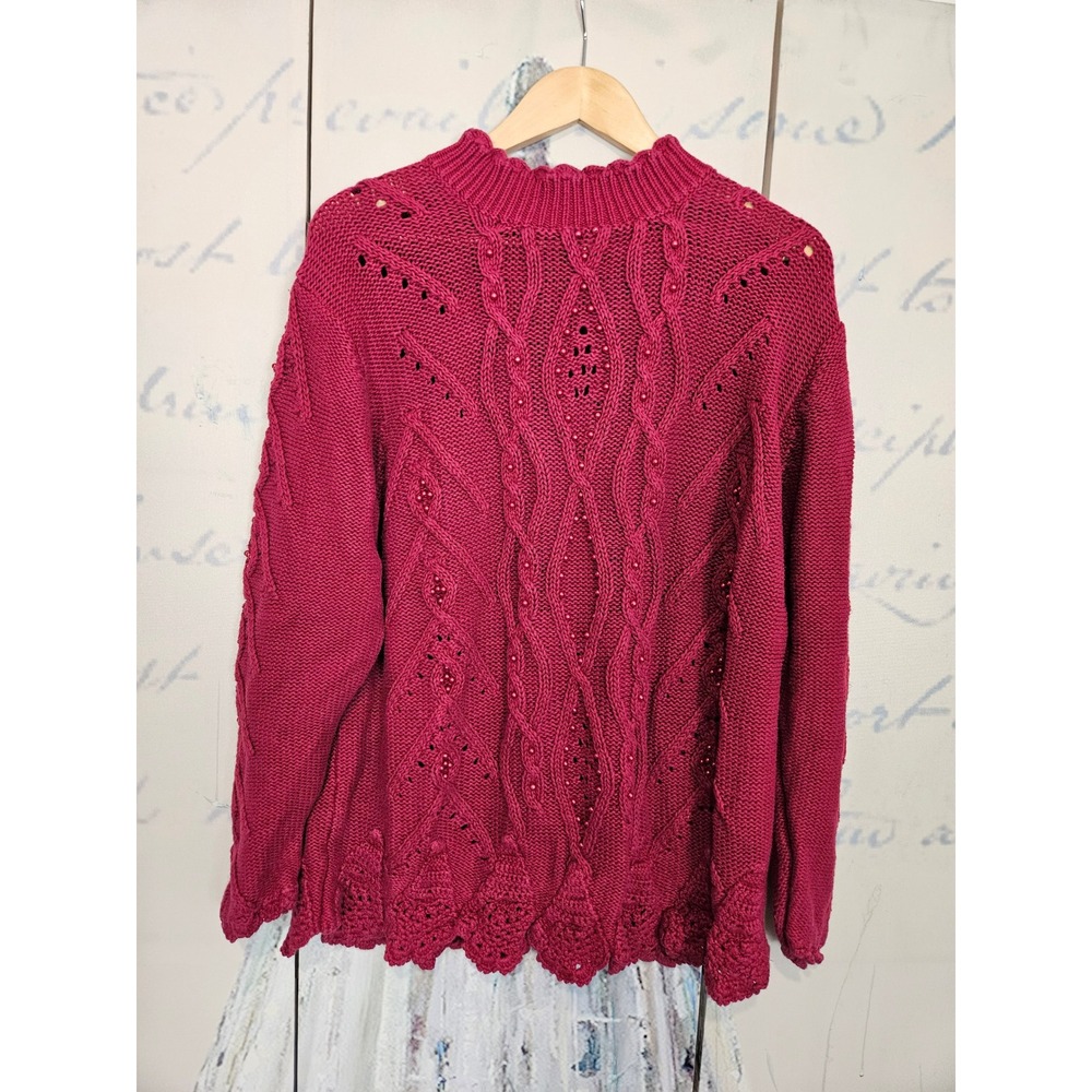 Maurada Cable Knit Sweater 2X Burgundy Beaded Scalloped Mock Neck Ramie Cotton